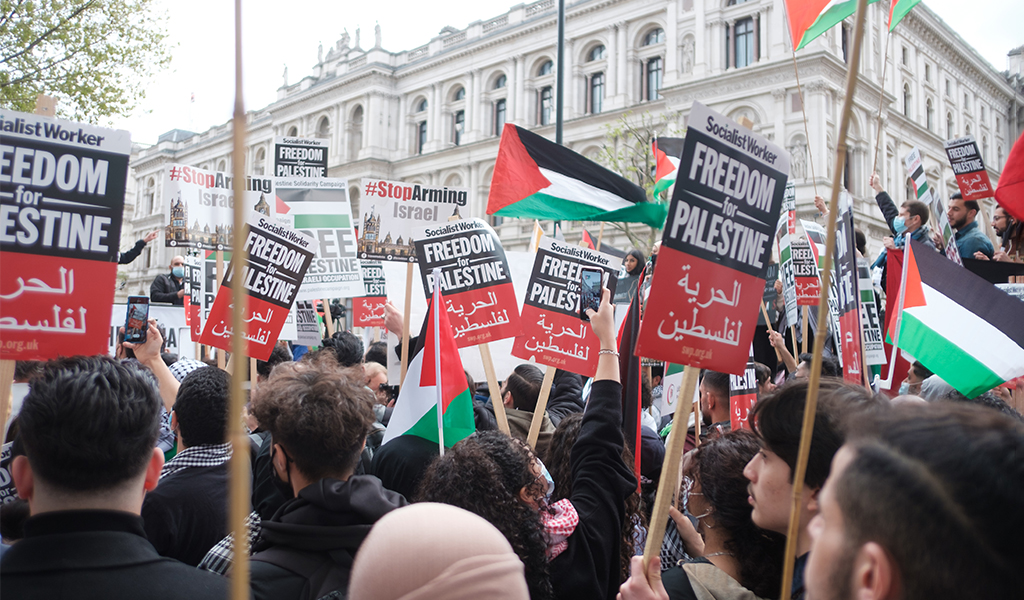 Protestierende halten Palästina-Flaggen und Protestschilder bei einer Kundgebung vor einem historischen Gebäude.