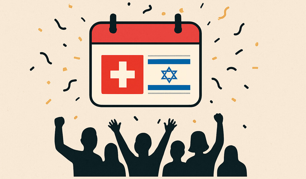 Illustration von Menschen unter einem Kalenderblatt mit den Flaggen der Schweiz und Israel