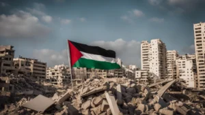 KI generierte Flagge über den Trümmern von Gaza