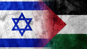 Die beiden Flaggen von Israel und Palästina fliessen inneinander als Symbol der Annäherung