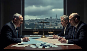 Illustration von Benjamin Netanyahu, der Yair Lapid und Naftali Bennett gegenübersitzt