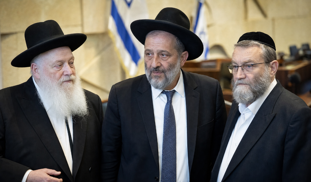 Aryeh Deri, Yitzhak Goldknopf und Moshe Gafni stehen gemeinsam vor israelischen Flaggen in der Knesset.