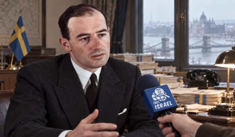 Raoul Wallenberg im fiktiven Gespräch mit FokusIsrael.ch in der schwedischen Gesandtschaft in Budapest, umgeben von Schutzpässen.