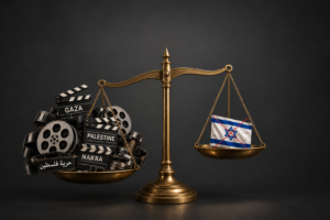 Symbolische Waage mit Filmrollen und Klappen zu Gaza, Palästina und Nakba auf der einen sowie einer durchgestrichenen Israel-Flagge auf der anderen Seite.
