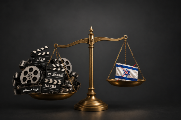 Symbolische Waage mit Filmrollen und Klappen zu Gaza, Palästina und Nakba auf der einen sowie einer durchgestrichenen Israel-Flagge auf der anderen Seite.