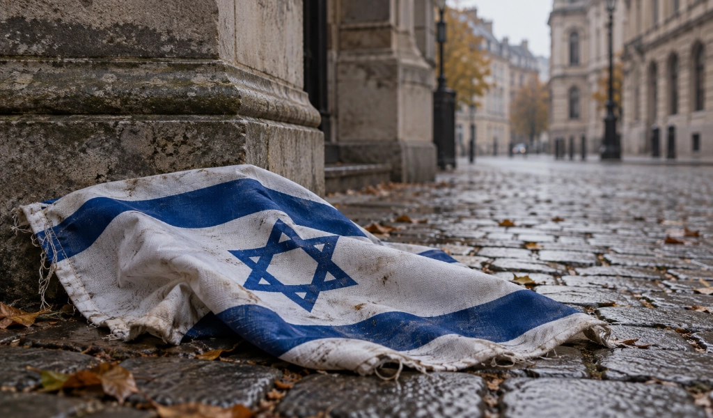 eine verschmutzte israelische Flagge vor einer europäischen Institution. Ohne Text und ohne Personen.