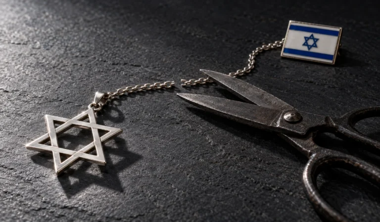 Ein silberner Davidstern und ein Anhänger mit der israelischen Flagge liegen auf dunklem Stein. Die Kette zwischen ihnen ist durchtrennt, daneben liegt eine Schere. Der Davidstern bleibt unversehrt. Das fotorealistische Symbolbild verdeutlicht die Kernaussage des Artikels: Auch wer sich politisch von Israel distanziert, bleibt jüdisch.