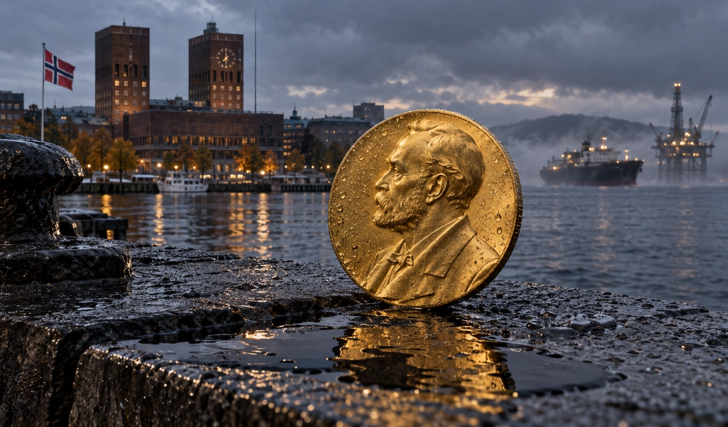 KI-Symbolbild: Goldene Friedensmedaille vor dem Osloer Rathaus, mit norwegischer Flagge und Ölindustrie im Hintergrund.