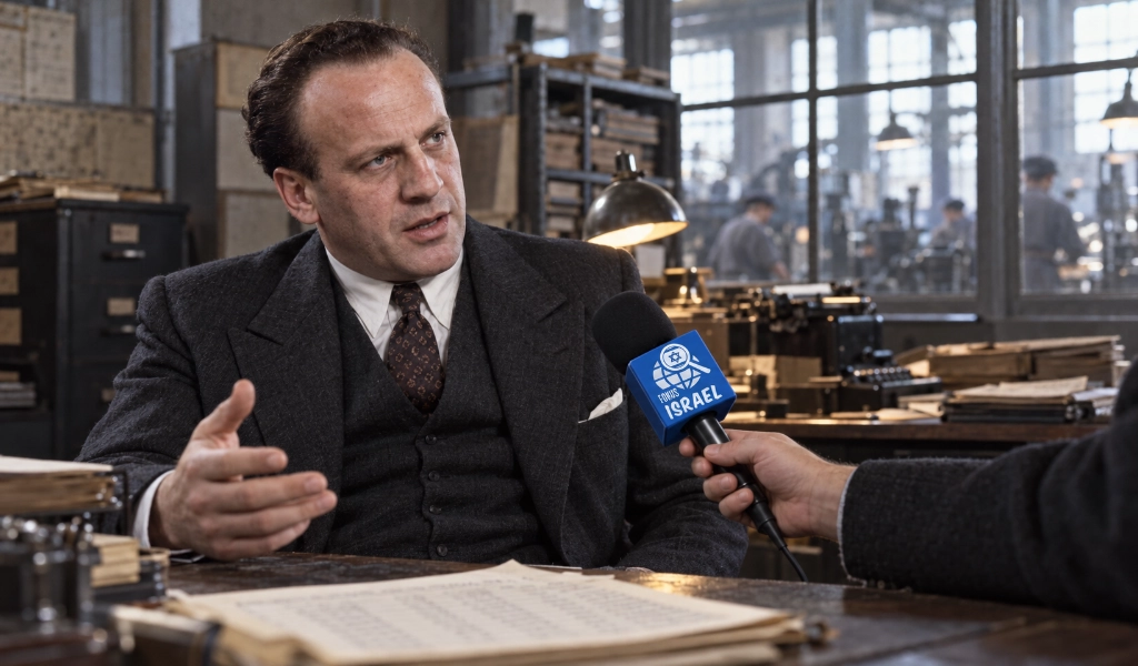 Oskar Schindler im fiktiven Gespräch mit FokusIsrael.ch in seiner Fabrik in Brünnlitz, vor Akten und der Liste seiner geretteten Arbeiter.